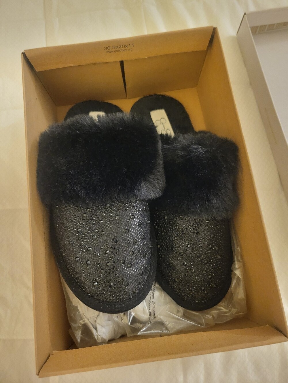 Jessica Simpson Black Sparkle Faux-Fur Slide Slippers